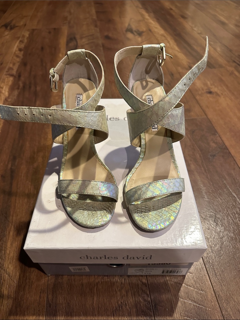 Charles David Iridescent Green Snake-Print Ankle Strap Heels